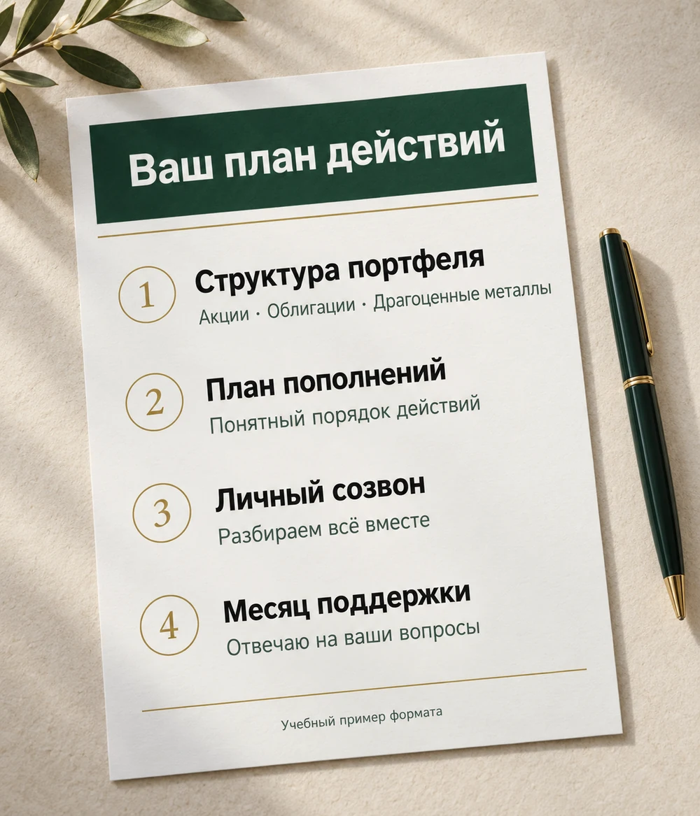 Иллюстрация материалов услуги: структура портфеля, план пополнений, личный созвон и месяц поддержки